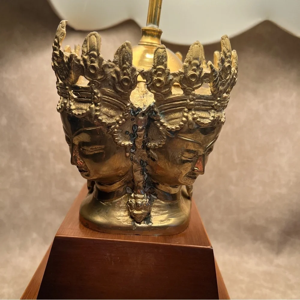 Vintage Table Lamp with Crowned Asian Faces in Brass on Wood Base